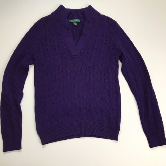 LAUREN RALPH LAUREN Purple Cotton LARGE Cable V-Mock Sweater - Picture 2 of 6
